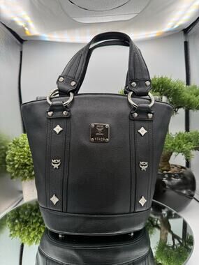 Vintage MCM Munchen Black Leather Studded Bucket Tote Bag